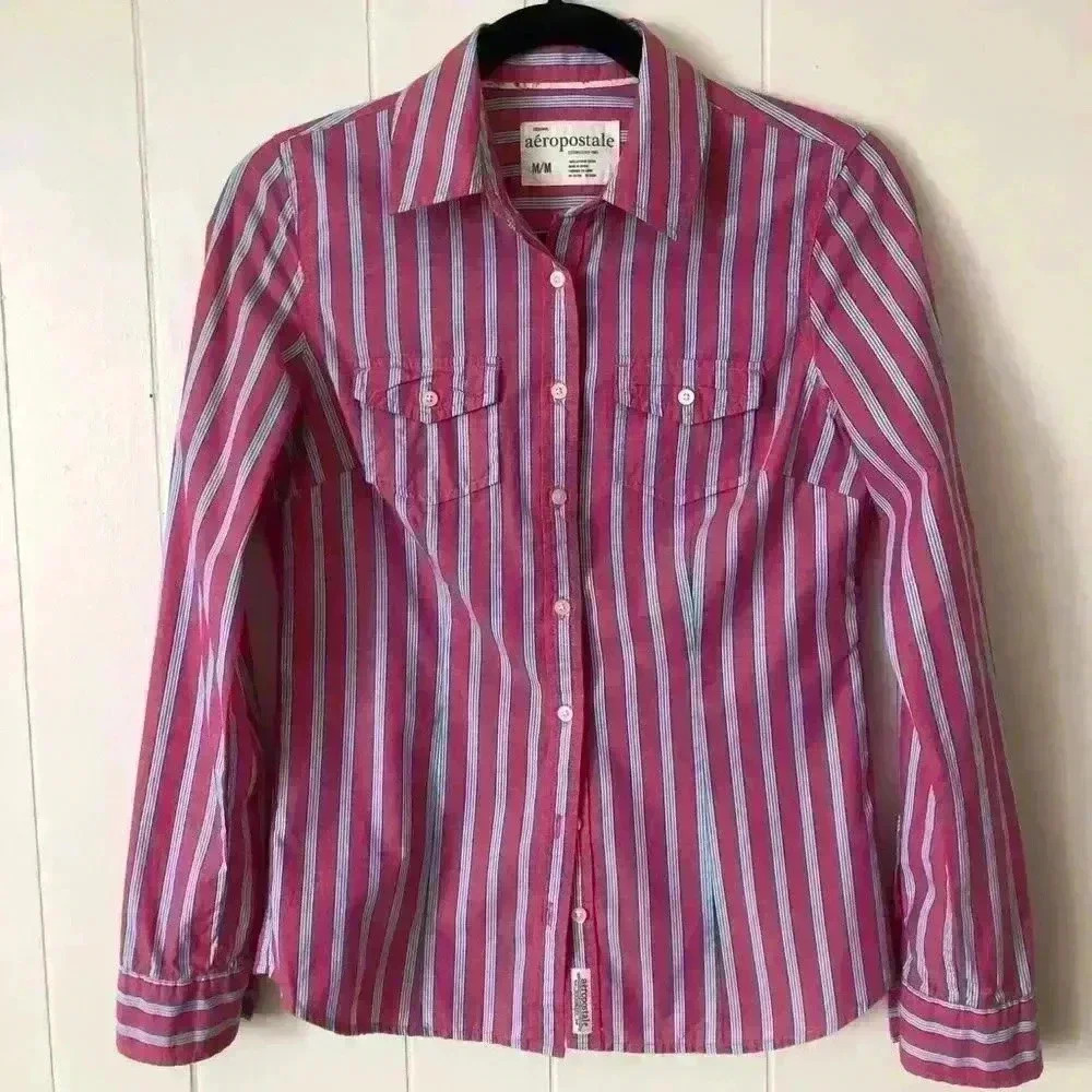 Aeropostale Women Pink Stripped Shirt Blouse M